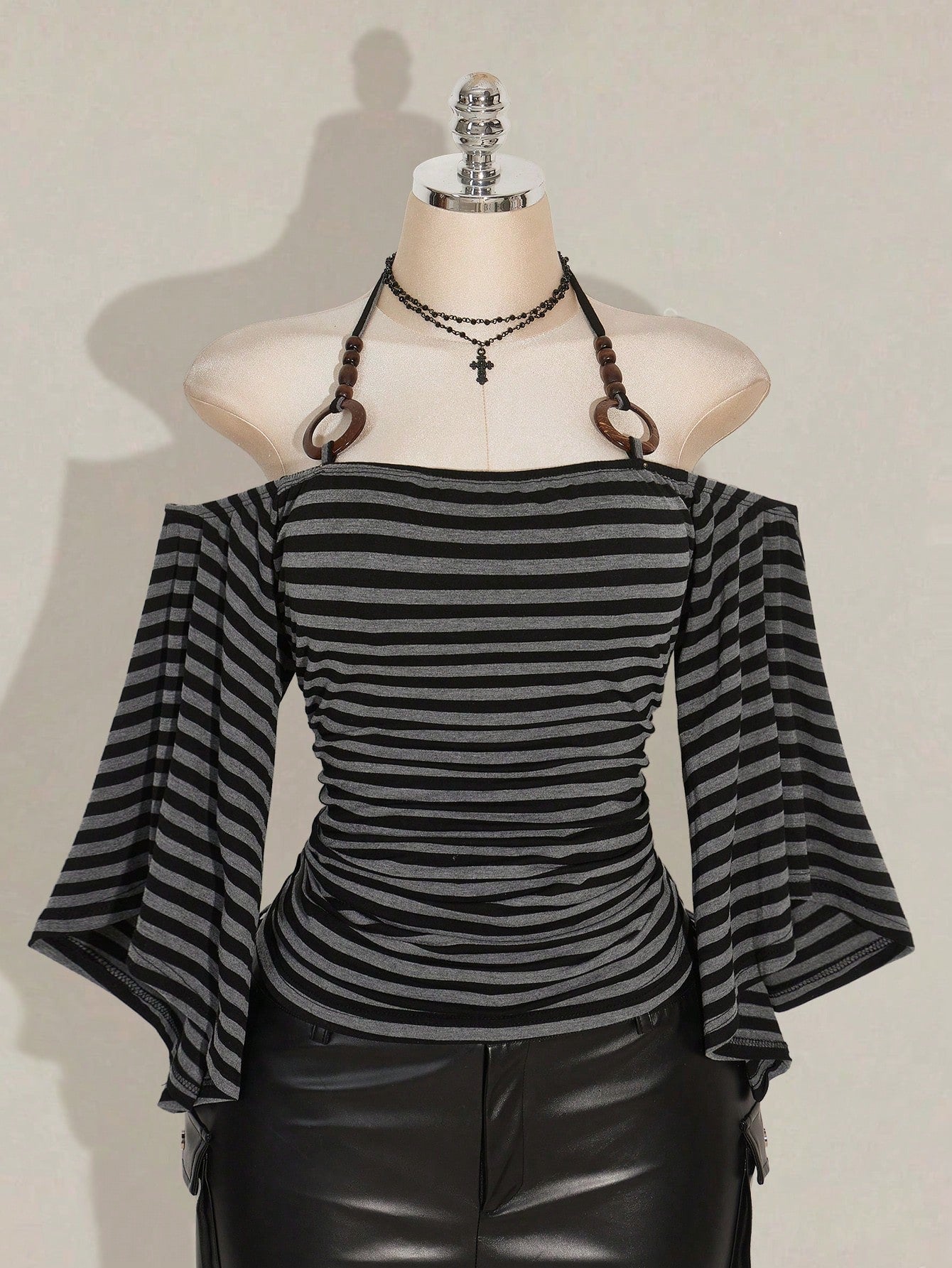 ICON Plus Size Women Y2K Grunge Retro Black Off-Shoulder Flare Sleeve Halter Neck Fashionable T-Shirt, Avant-Garde, Streetwear, Casual Knit Top Concert