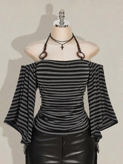 ICON Plus Size Women Y2K Grunge Retro Black Off-Shoulder Flare Sleeve Halter Neck Fashionable T-Shirt, Avant-Garde, Streetwear, Casual Knit Top Concert