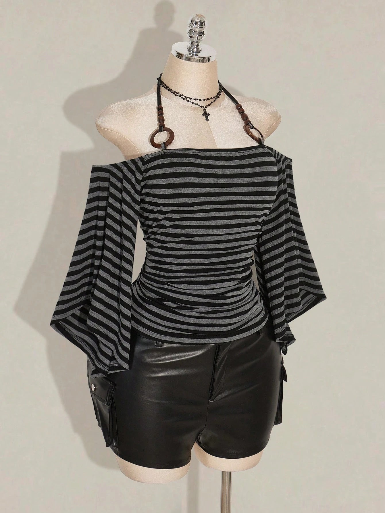 ICON Plus Size Women Y2K Grunge Retro Black Off-Shoulder Flare Sleeve Halter Neck Fashionable T-Shirt, Avant-Garde, Streetwear, Casual Knit Top Concert
