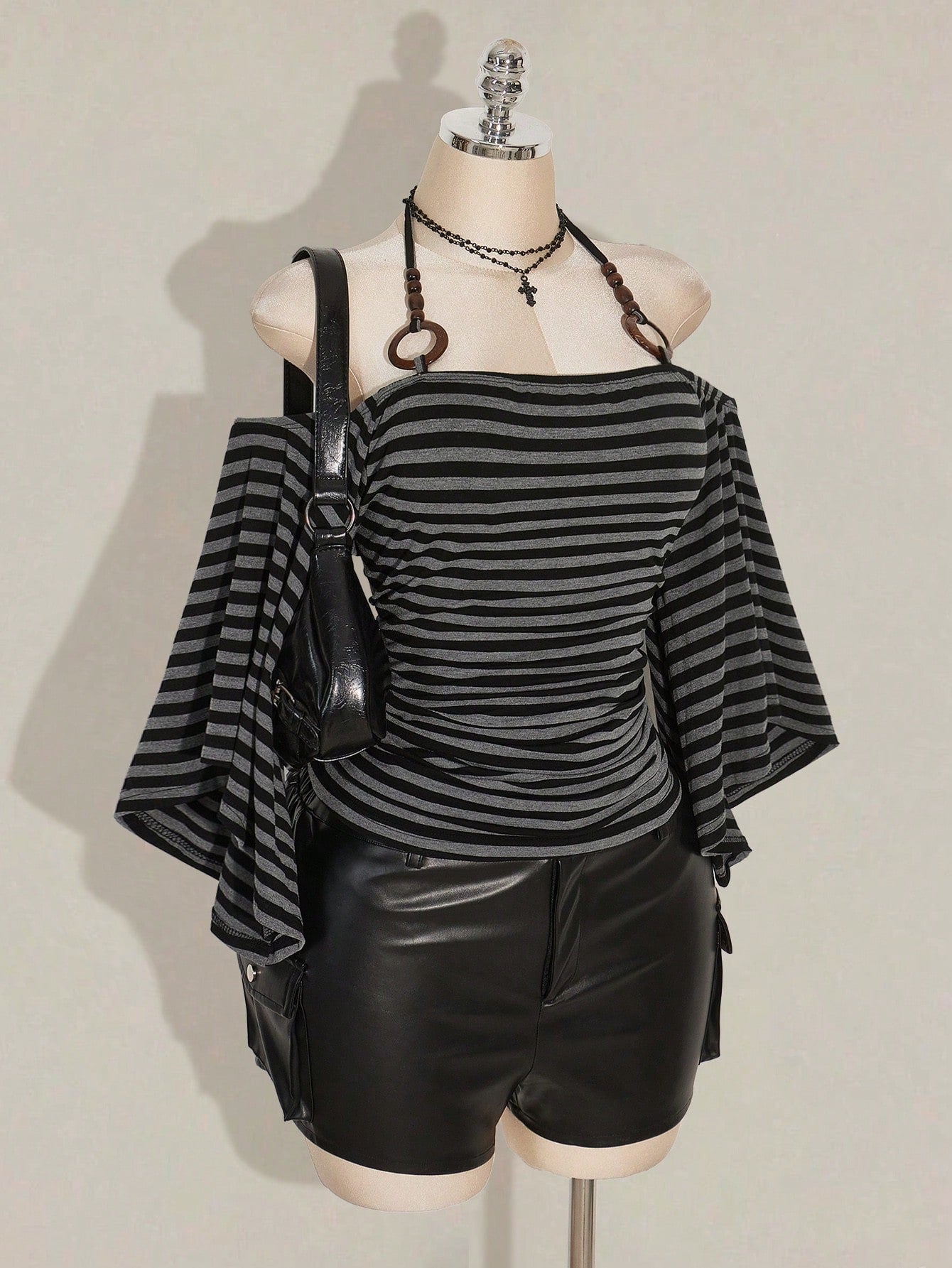 ICON Plus Size Women Y2K Grunge Retro Black Off-Shoulder Flare Sleeve Halter Neck Fashionable T-Shirt, Avant-Garde, Streetwear, Casual Knit Top Concert