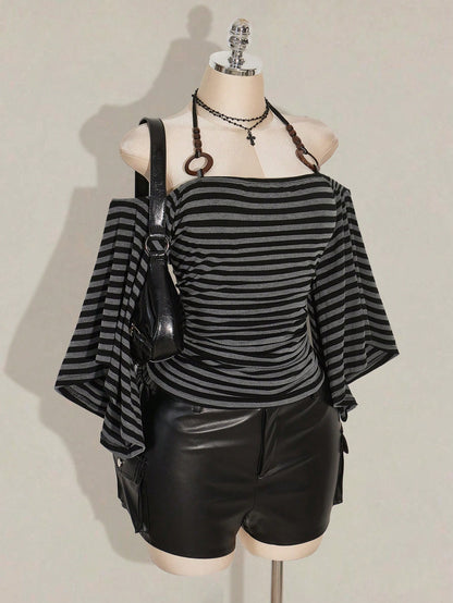 ICON Plus Size Women Y2K Grunge Retro Black Off-Shoulder Flare Sleeve Halter Neck Fashionable T-Shirt, Avant-Garde, Streetwear, Casual Knit Top Concert