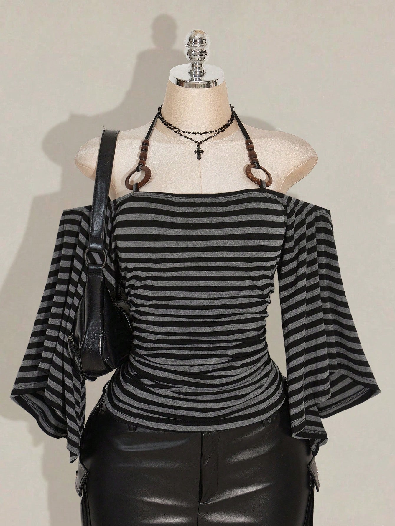 ICON Plus Size Women Y2K Grunge Retro Black Off-Shoulder Flare Sleeve Halter Neck Fashionable T-Shirt, Avant-Garde, Streetwear, Casual Knit Top Concert