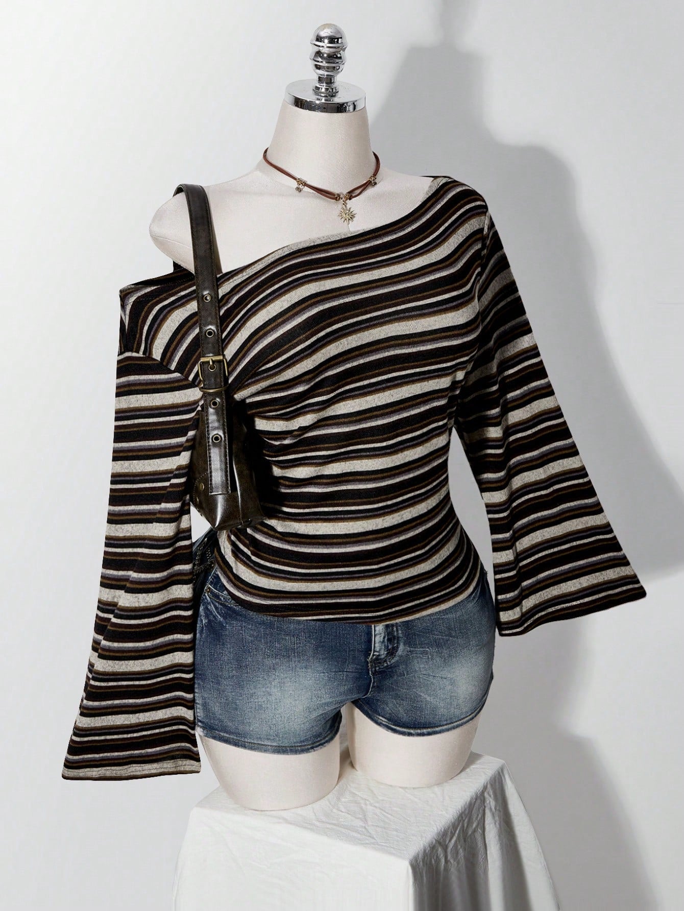 ICON Plus Size Y2K Vintage Asymmetrical Shoulder Knitted Waist-Cinching T-Shirt Top, Casual Retro Asymmetrical Shoulder Long Sleeve Top Fall
