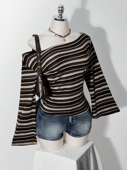 ICON Plus Size Y2K Vintage Asymmetrical Shoulder Knitted Waist-Cinching T-Shirt Top, Casual Retro Asymmetrical Shoulder Long Sleeve Top Fall