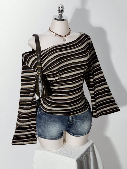 ICON Plus Size Y2K Vintage Asymmetrical Shoulder Knitted Waist-Cinching T-Shirt Top, Casual Retro Asymmetrical Shoulder Long Sleeve Top Fall