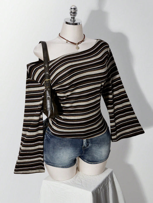ICON Plus Size Y2K Vintage Asymmetrical Shoulder Knitted Waist-Cinching T-Shirt Top, Casual Retro Asymmetrical Shoulder Long Sleeve Top Fall