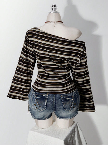 ICON Plus Size Y2K Vintage Asymmetrical Shoulder Knitted Waist-Cinching T-Shirt Top, Casual Retro Asymmetrical Shoulder Long Sleeve Top Fall