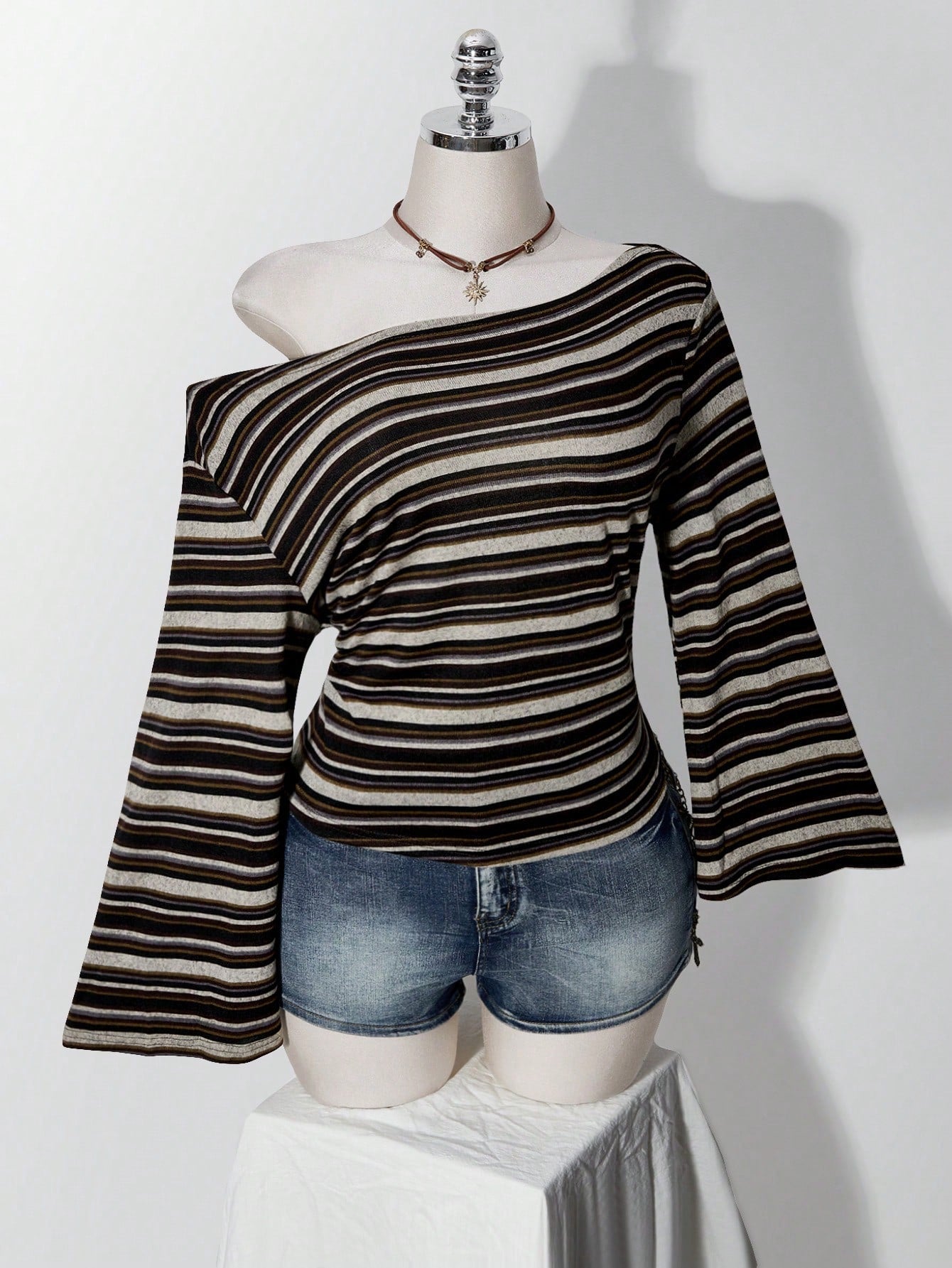 ICON Plus Size Y2K Vintage Asymmetrical Shoulder Knitted Waist-Cinching T-Shirt Top, Casual Retro Asymmetrical Shoulder Long Sleeve Top Fall