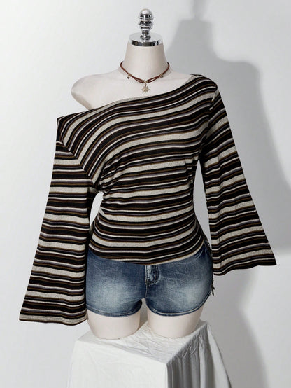 ICON Plus Size Y2K Vintage Asymmetrical Shoulder Knitted Waist-Cinching T-Shirt Top, Casual Retro Asymmetrical Shoulder Long Sleeve Top Fall