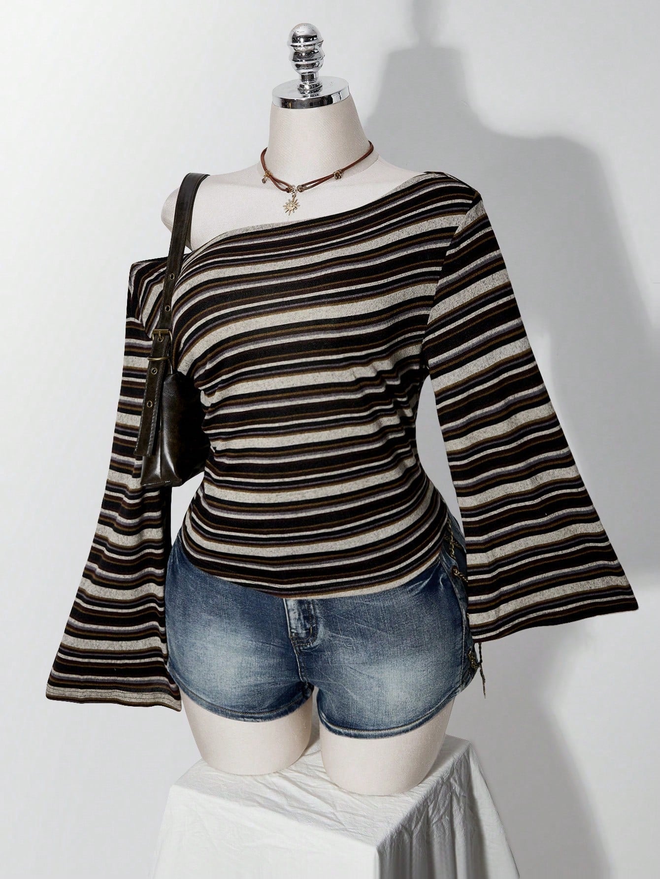 ICON Plus Size Y2K Vintage Asymmetrical Shoulder Knitted Waist-Cinching T-Shirt Top, Casual Retro Asymmetrical Shoulder Long Sleeve Top Fall