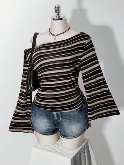 ICON Plus Size Y2K Vintage Asymmetrical Shoulder Knitted Waist-Cinching T-Shirt Top, Casual Retro Asymmetrical Shoulder Long Sleeve Top Fall