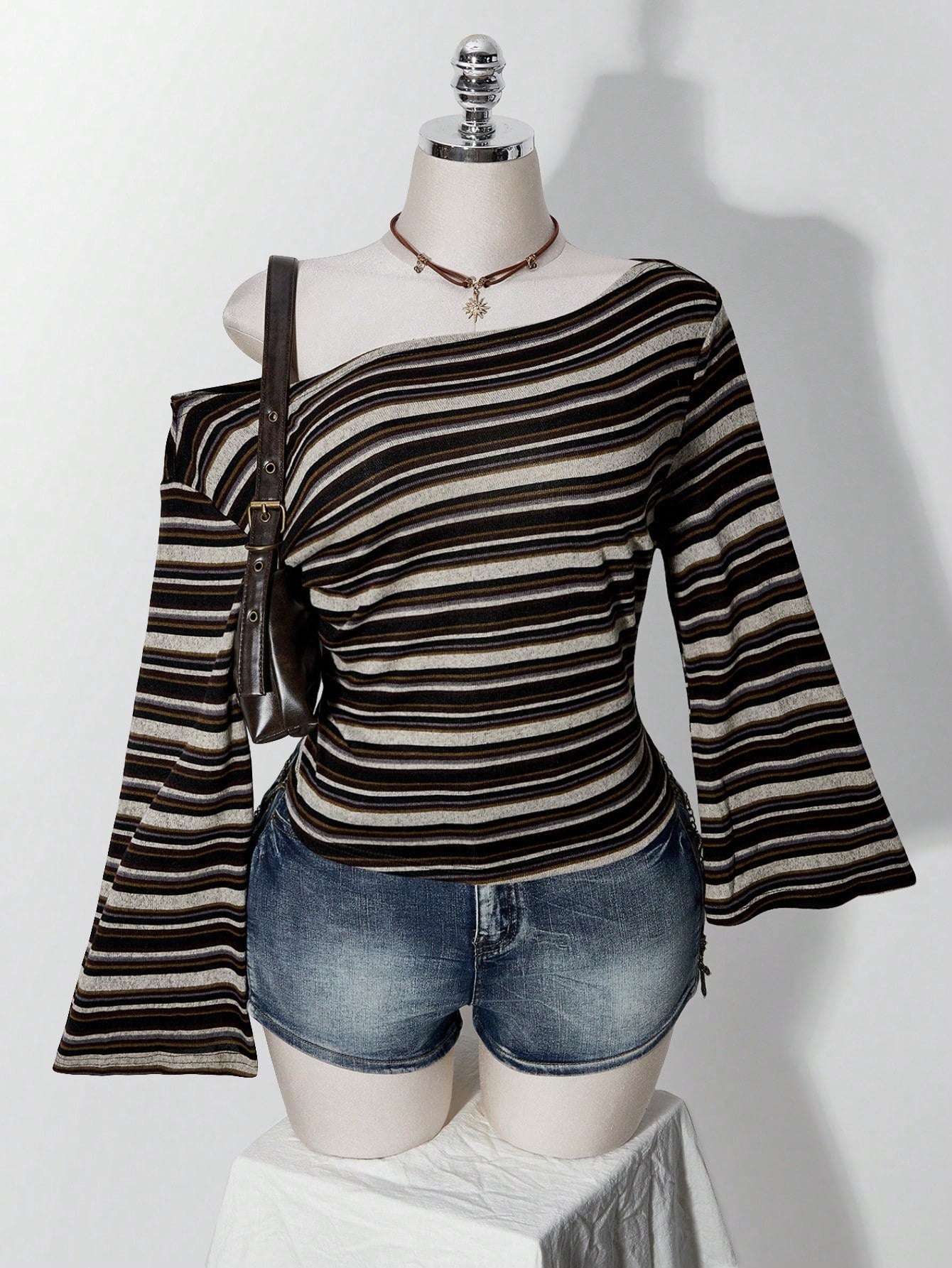 ICON Plus Size Y2K Vintage Asymmetrical Shoulder Knitted Waist-Cinching T-Shirt Top, Casual Retro Asymmetrical Shoulder Long Sleeve Top Fall