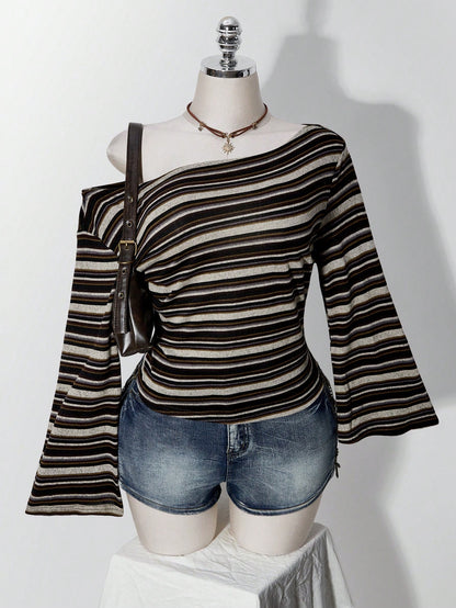 ICON Plus Size Y2K Vintage Asymmetrical Shoulder Knitted Waist-Cinching T-Shirt Top, Casual Retro Asymmetrical Shoulder Long Sleeve Top Fall