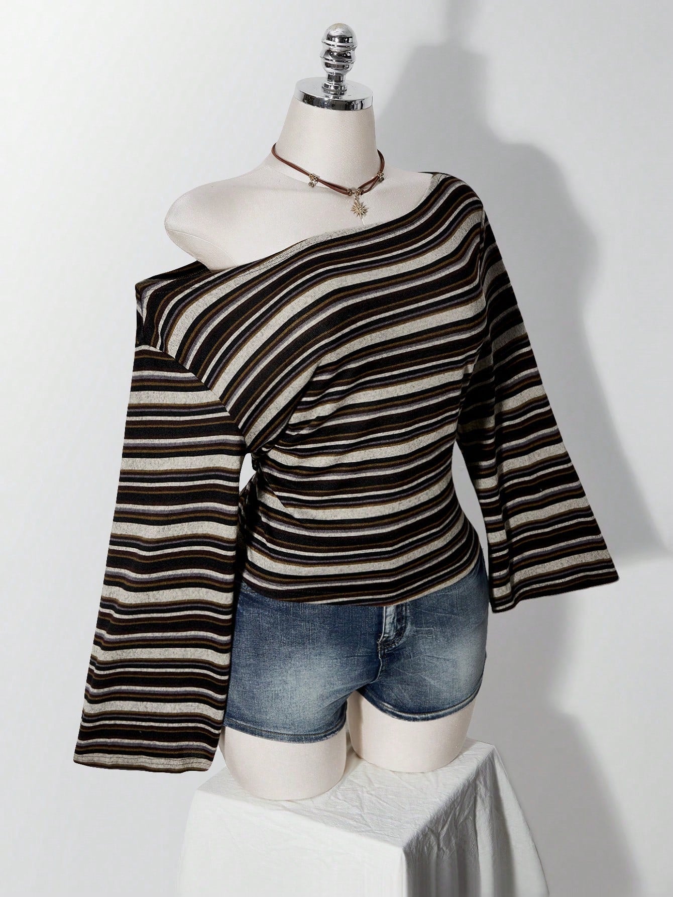 ICON Plus Size Y2K Vintage Asymmetrical Shoulder Knitted Waist-Cinching T-Shirt Top, Casual Retro Asymmetrical Shoulder Long Sleeve Top Fall