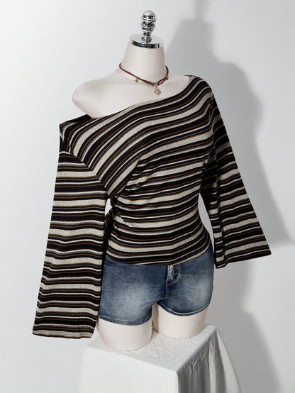 ICON Plus Size Y2K Vintage Asymmetrical Shoulder Knitted Waist-Cinching T-Shirt Top, Casual Retro Asymmetrical Shoulder Long Sleeve Top Fall