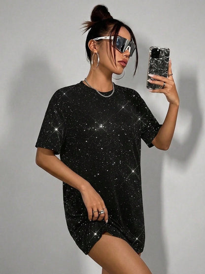 ICON Silver Drop Shoulder Glitter Concert Outfits Tee Dress