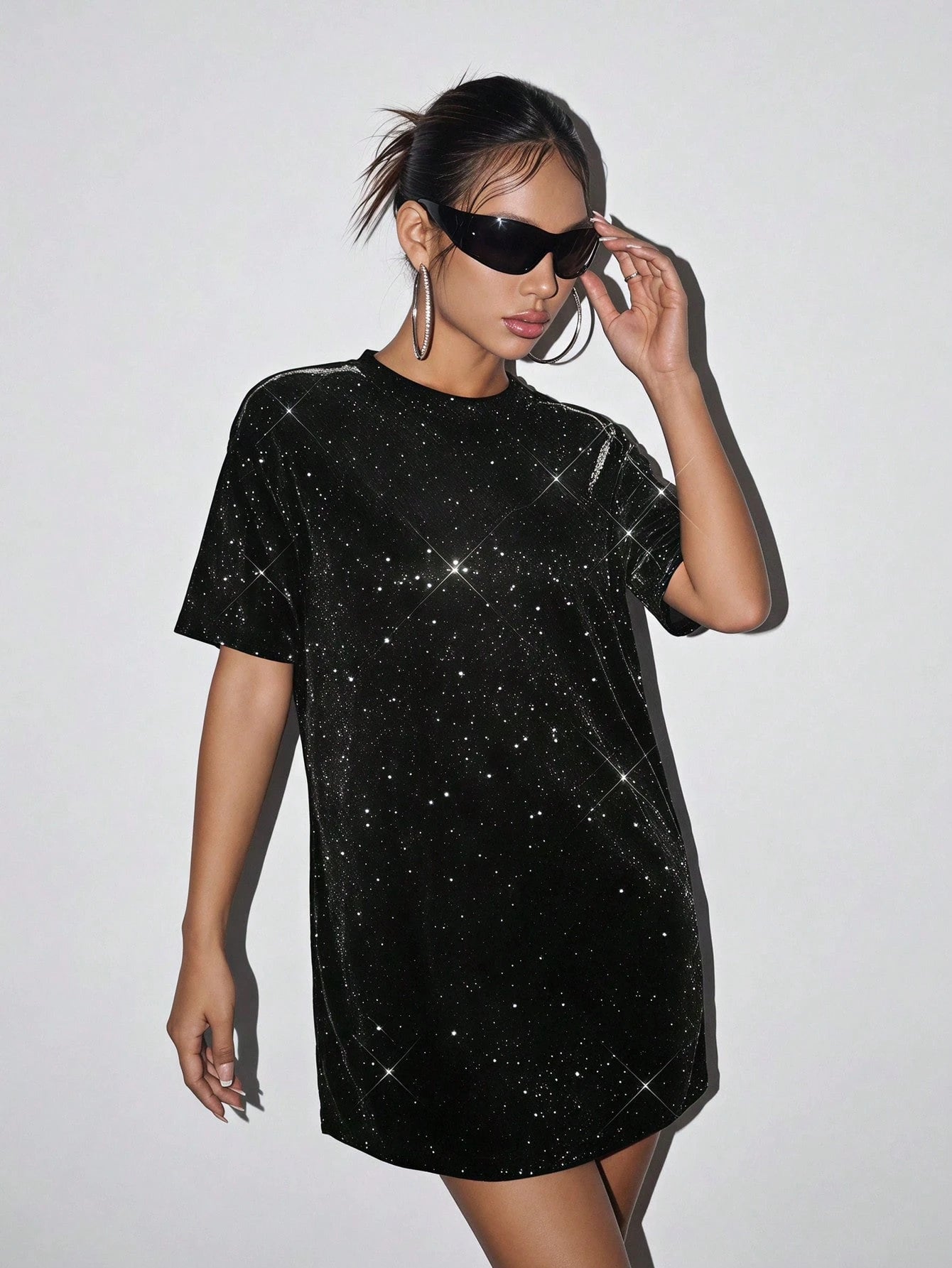 ICON Silver Drop Shoulder Glitter Concert Outfits Tee Dress