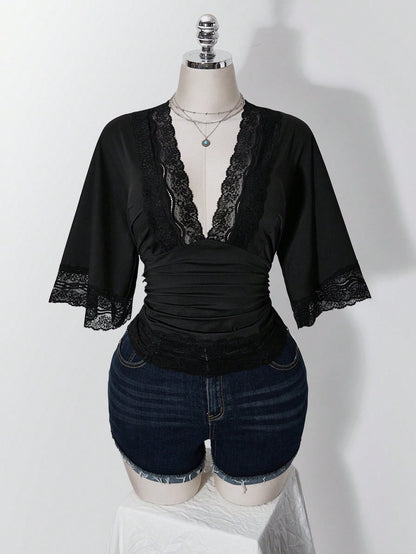 ICON Women's Plus Size Retro Sexy Millennial Style Y2K Simple Casual Elegant Commuter Urban Modern Lace P Date Night Black Summer