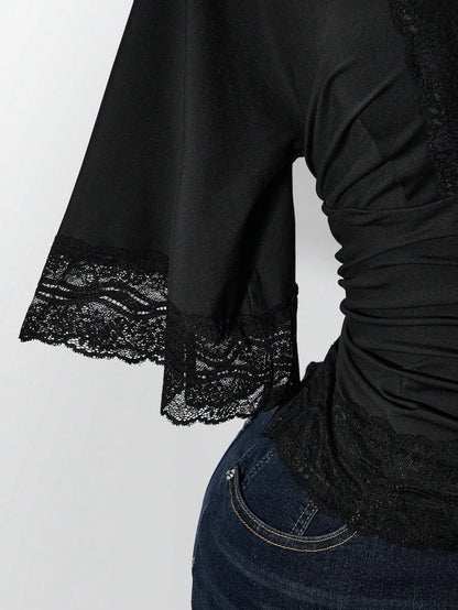 ICON Women's Plus Size Retro Sexy Millennial Style Y2K Simple Casual Elegant Commuter Urban Modern Lace P Date Night Black Summer