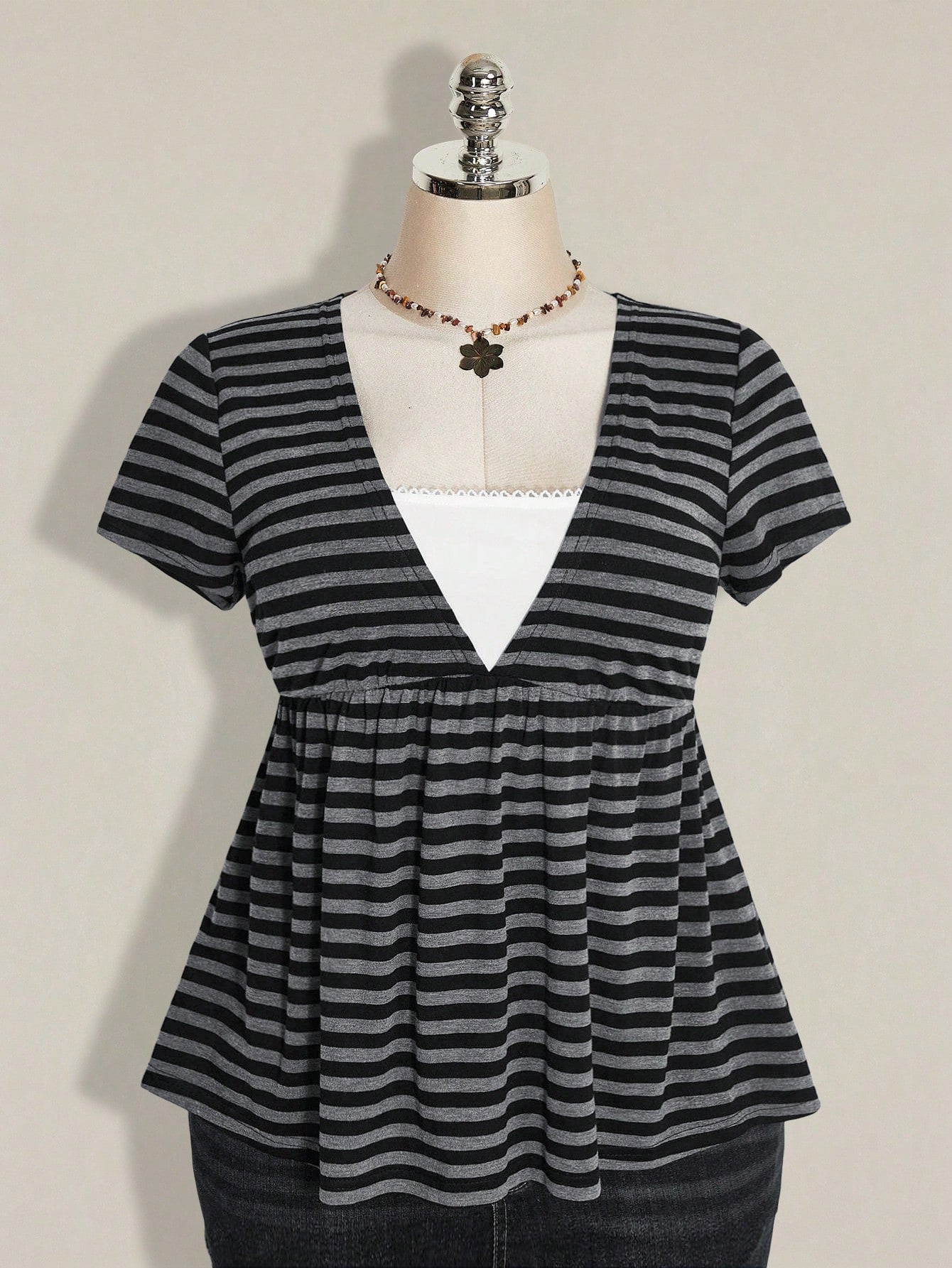 ICON Women's Plus Size Retro Sexy Millennial Style Y2K Simple Casual Everyday Commute Street Style Black And Gray Striped Deep V-Neck Faux Two-Piece Top