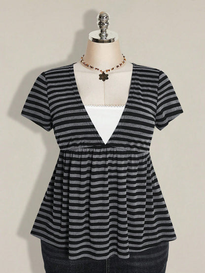 ICON Women's Plus Size Retro Sexy Millennial Style Y2K Simple Casual Everyday Commute Street Style Black And Gray Striped Deep V-Neck Faux Two-Piece Top