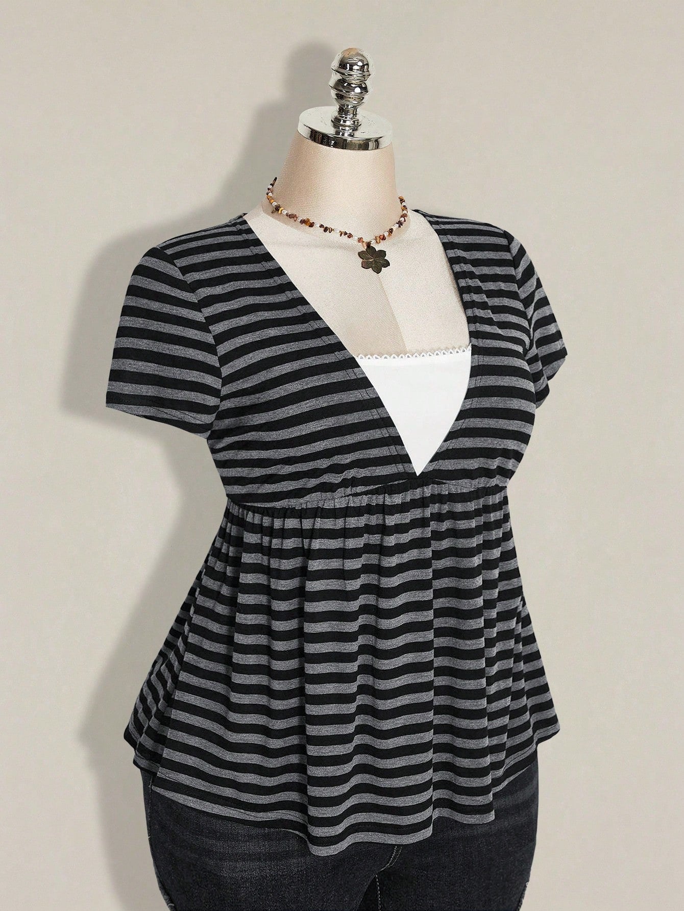 ICON Women's Plus Size Retro Sexy Millennial Style Y2K Simple Casual Everyday Commute Street Style Black And Gray Striped Deep V-Neck Faux Two-Piece Top