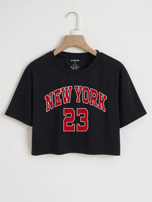 INAWLY Letter Graphic Crop Tee Graphic Tees Women Tops