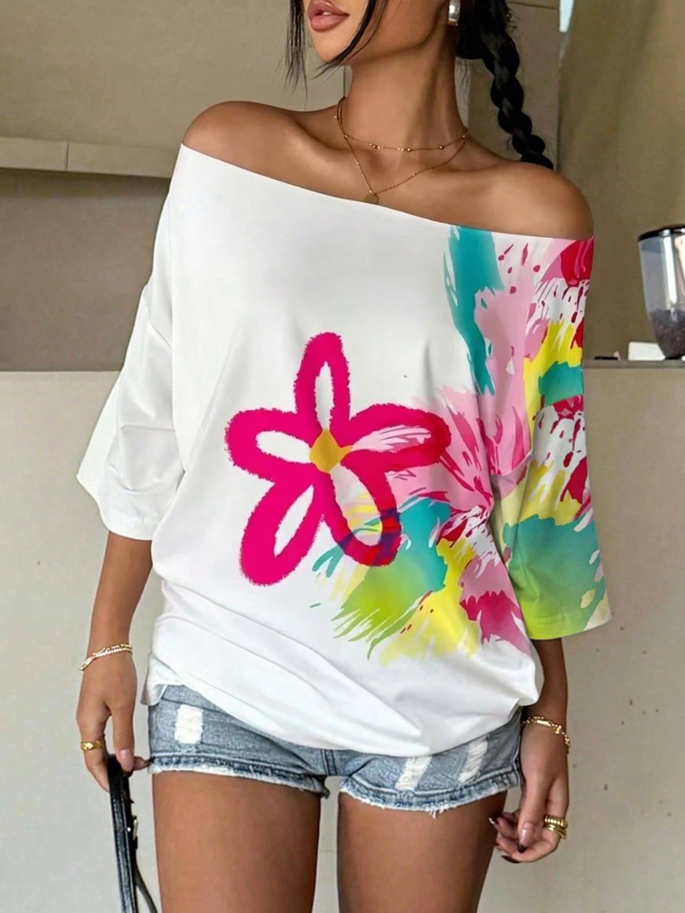 INAWLY Plus Size Women Floral Print Off-Shoulder Casual Top
