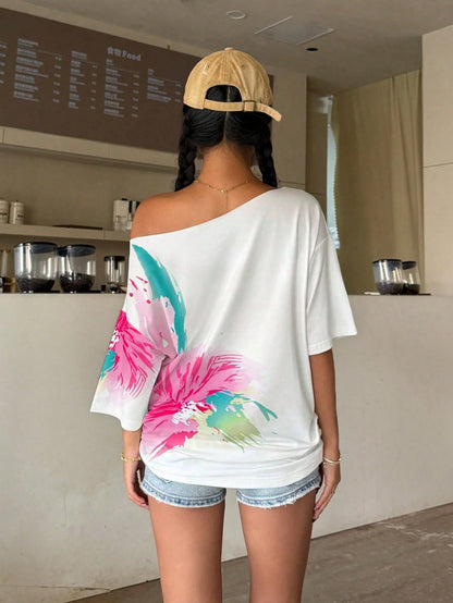 INAWLY Plus Size Women Floral Print Off-Shoulder Casual Top