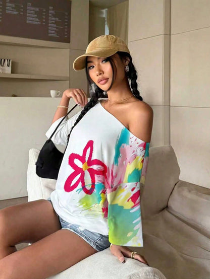 INAWLY Plus Size Women Floral Print Off-Shoulder Casual Top