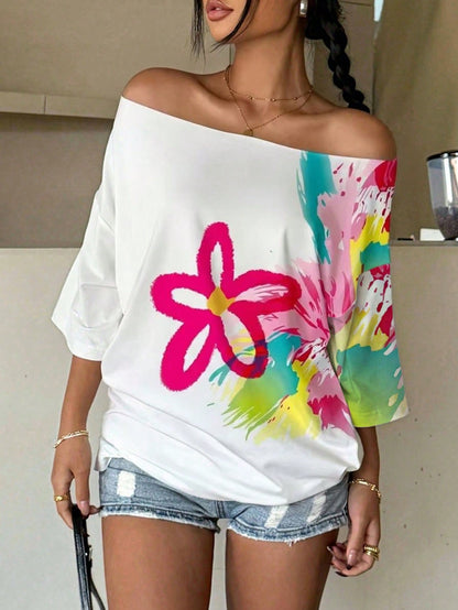 INAWLY Plus Size Women Floral Print Off-Shoulder Casual Top