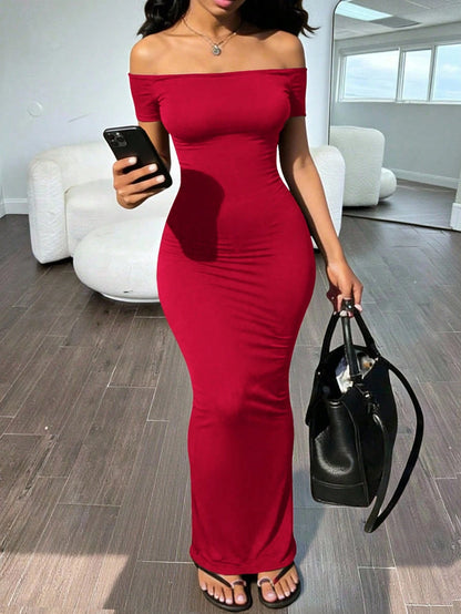 INAWLY Solva Women's Solid Color Off-Shoulder Short Sleeve Fitted Elegant Dress