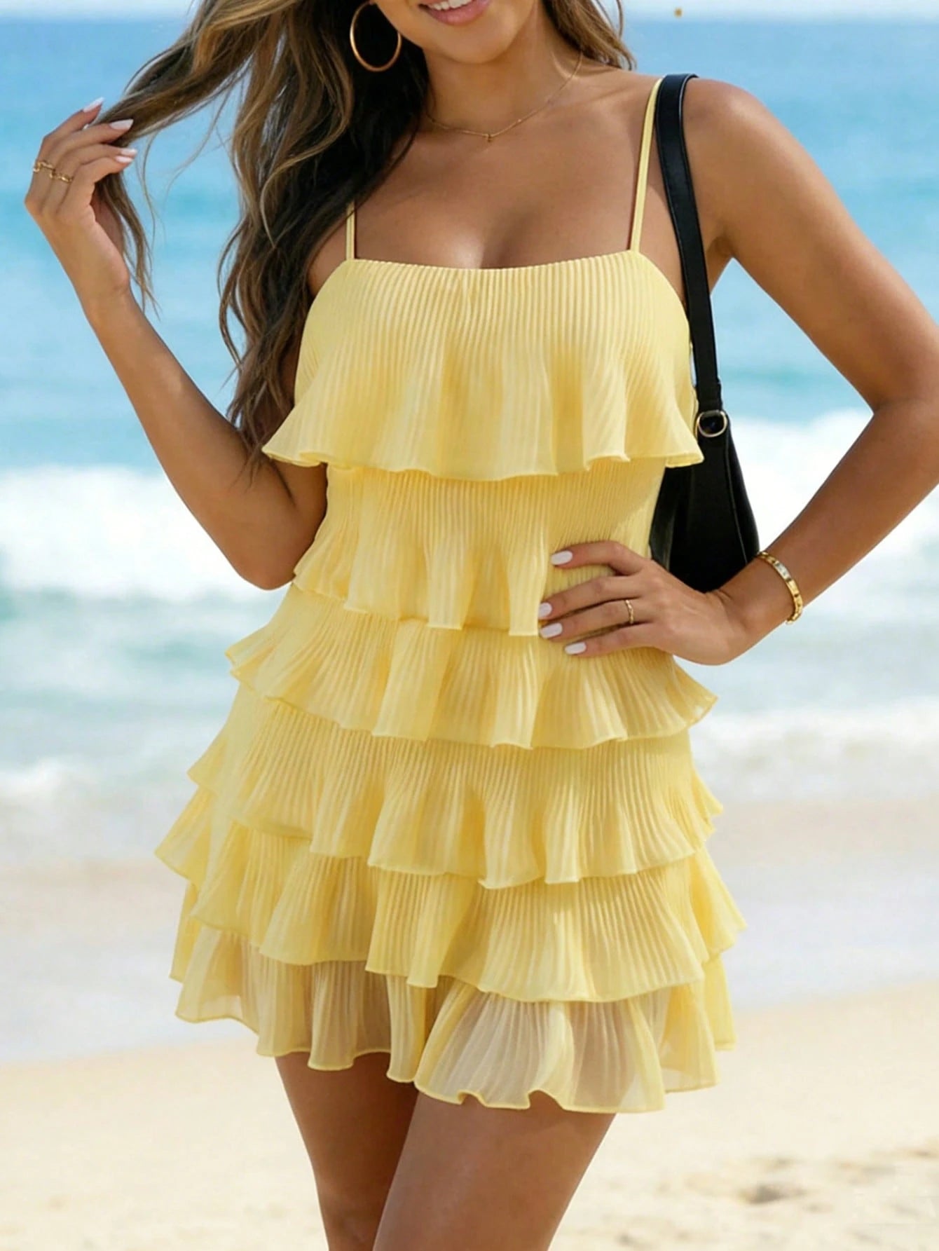 INAWLY Women's Casual Pleated Textured Tiered Cami Mini Dress For Vacation