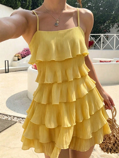 INAWLY Women's Casual Pleated Textured Tiered Cami Mini Dress For Vacation
