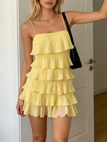 INAWLY Women's Casual Pleated Textured Tiered Cami Mini Dress For Vacation
