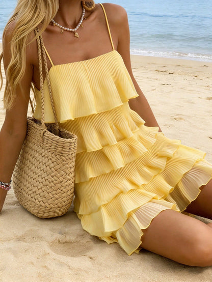 INAWLY Women's Casual Pleated Textured Tiered Cami Mini Dress For Vacation