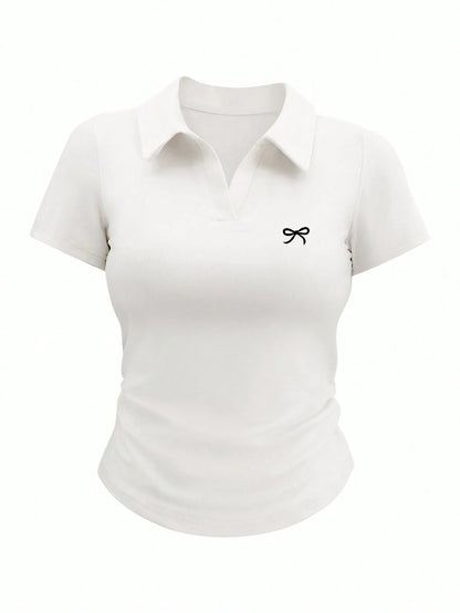 INAWLY Women's Collared Short Sleeve Bow Detail Casual Simple T-Shirt
