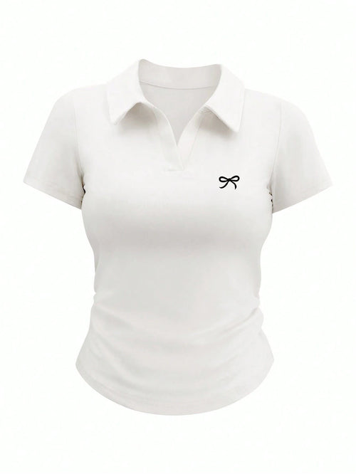 INAWLY Women's Collared Short Sleeve Bow Detail Casual Simple T-Shirt