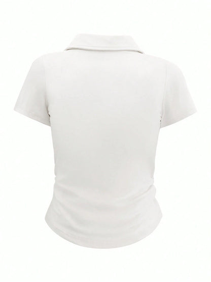 INAWLY Women's Collared Short Sleeve Bow Detail Casual Simple T-Shirt