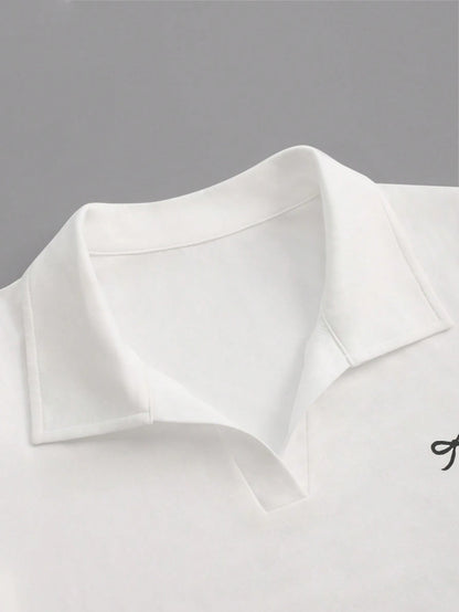 INAWLY Women's Collared Short Sleeve Bow Detail Casual Simple T-Shirt