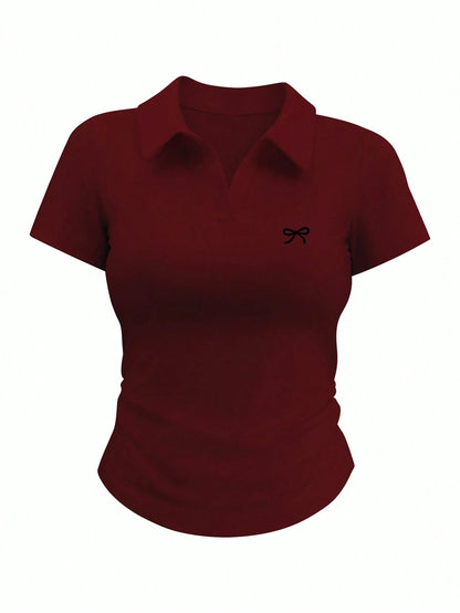 INAWLY Women's Collared Short Sleeve Bow Detail Casual Simple T-Shirt