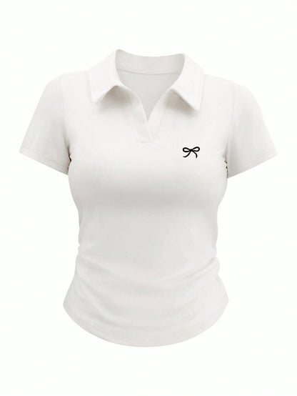 INAWLY Women's Collared Short Sleeve Bow Detail Casual Simple T-Shirt