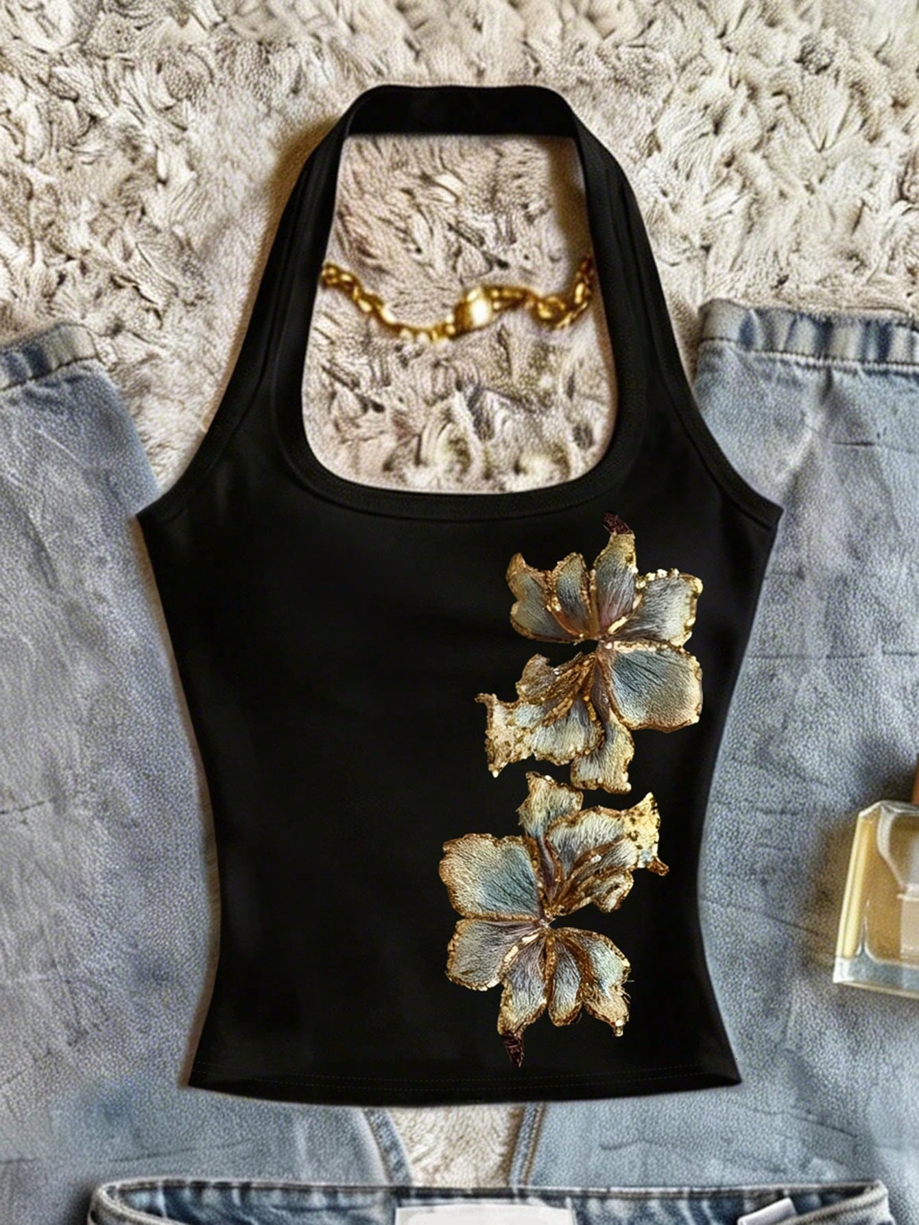 INAWLY Women's Floral Sequin Fashion Halter Neck Camisole Tops For Women Summer Cute Flower Top Women Tank Top Flower Body Tops For Ladies Beautiful Top