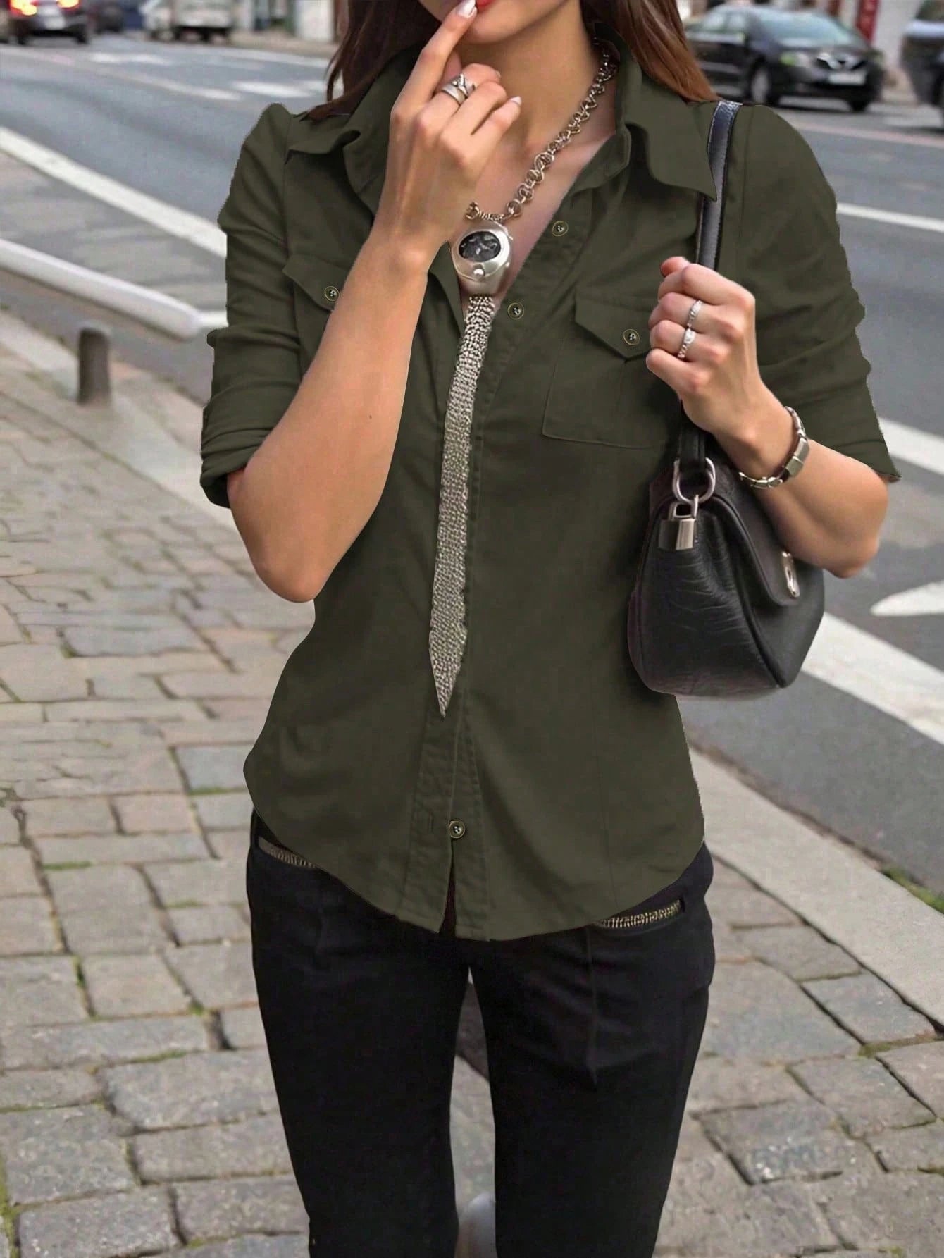 INAWLY Women's Khaki Long Sleeve Cinched Waist Utility Shirt, Casual Outdoor Commute, Autumn