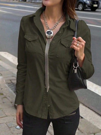 INAWLY Women's Khaki Long Sleeve Cinched Waist Utility Shirt, Casual Outdoor Commute, Autumn