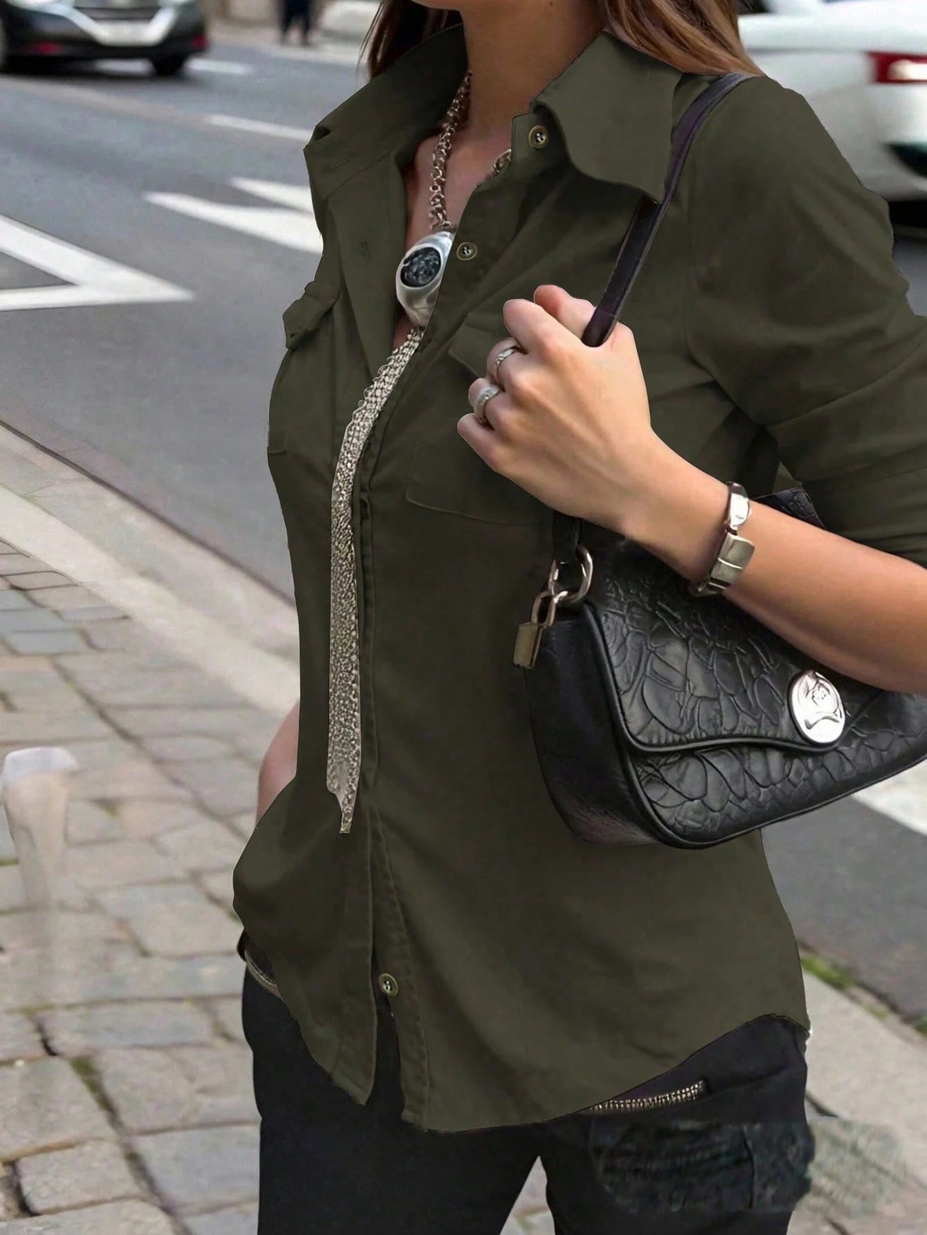 INAWLY Women's Khaki Long Sleeve Cinched Waist Utility Shirt, Casual Outdoor Commute, Autumn