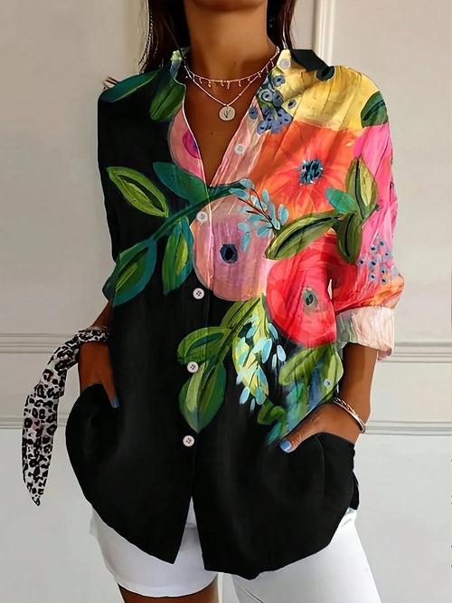INAWLY Women's Plant Print Button Design Shirt, Vacation Wear Fall Cloth For Women