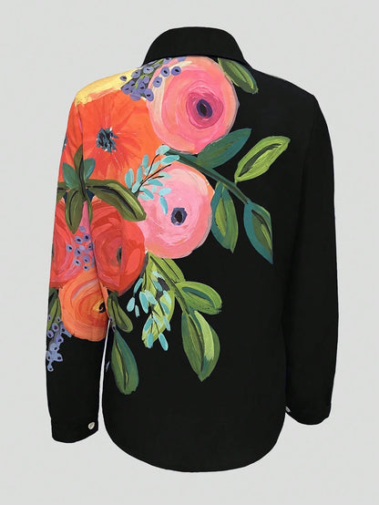 INAWLY Women's Plant Print Button Design Shirt, Vacation Wear Fall Cloth For Women