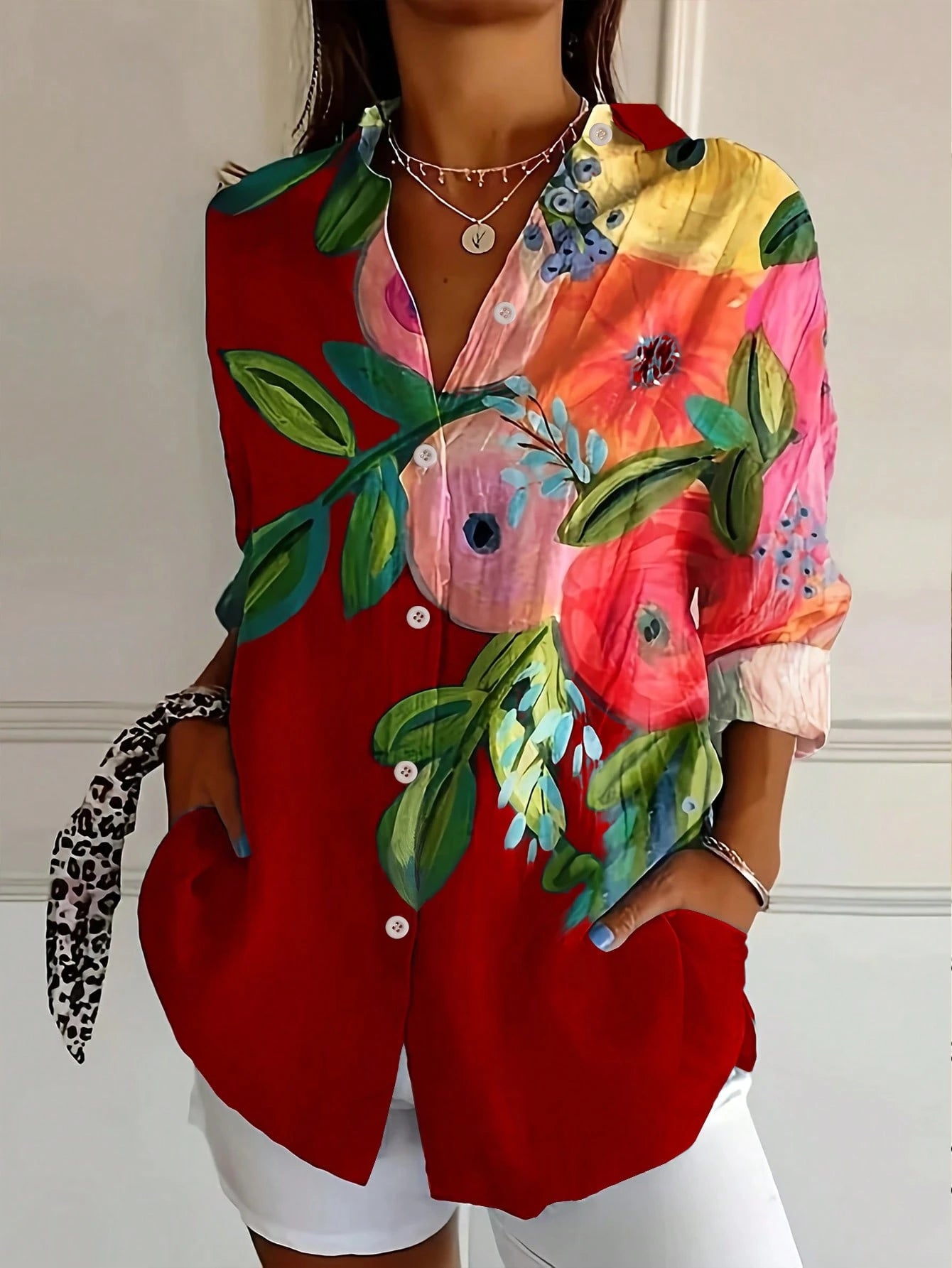 INAWLY Women's Plant Print Button Design Shirt, Vacation Wear Fall Cloth For Women