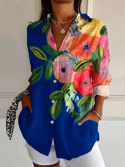 INAWLY Women's Plant Print Button Design Shirt, Vacation Wear Fall Cloth For Women
